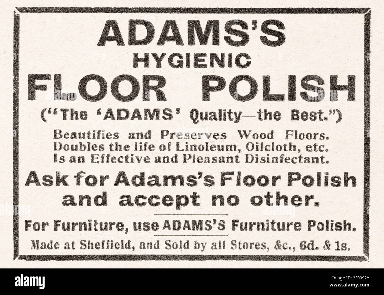 Vecchia rivista vittoriana carta da giornale per Adams piano polacco pubblicità dal 1911 - prima dell'alba degli standard pubblicitari. Foto Stock