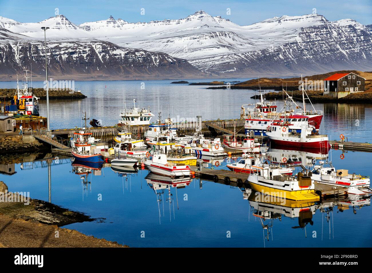 Porto con barche da pesca Djupivogur, Islanda Foto Stock