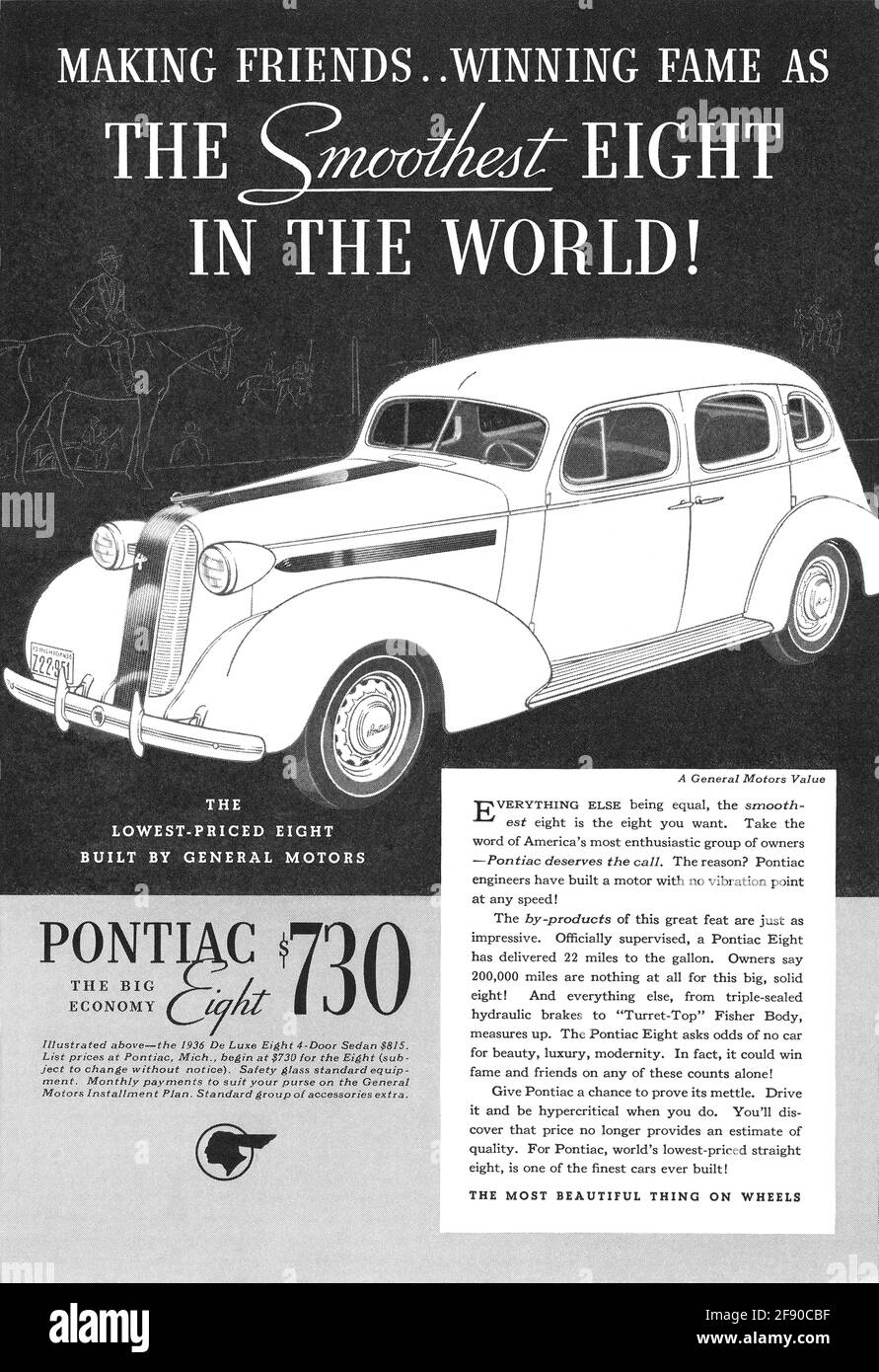 1936 pubblicità USA per l'automobile Pontiac otto. Foto Stock