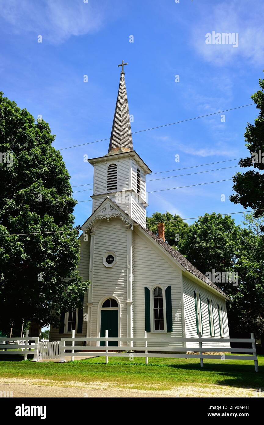 Sheffield, Illinois, Stati Uniti. La storica chiesa evangelica luterana danese. Costruita nel 1880 fu la prima chiesa luterana danese in America. Foto Stock