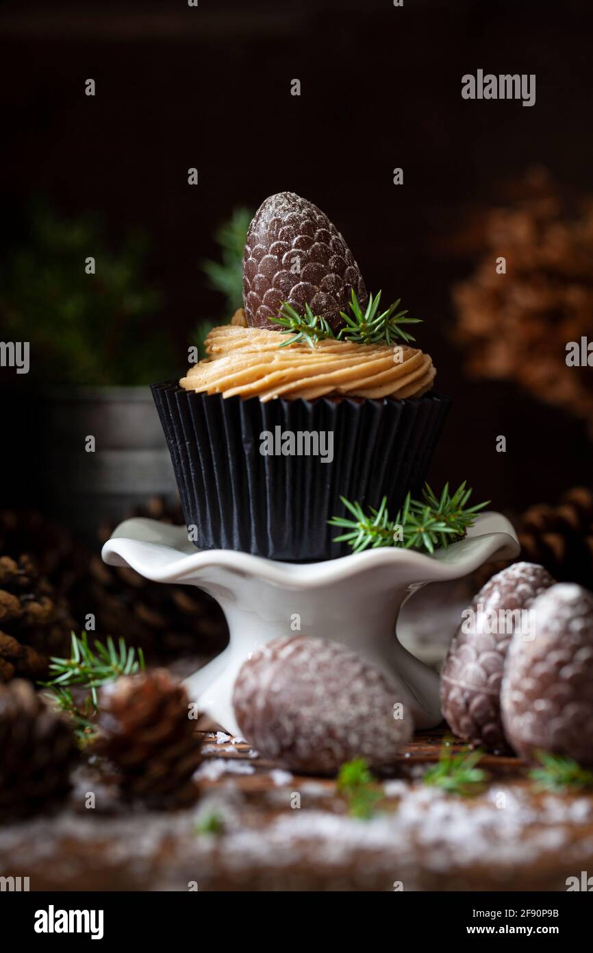 Una cupcake mocha su un piccolo cakestand decorato con caffè buttercream un cioccolato e sprigs di abete Foto Stock