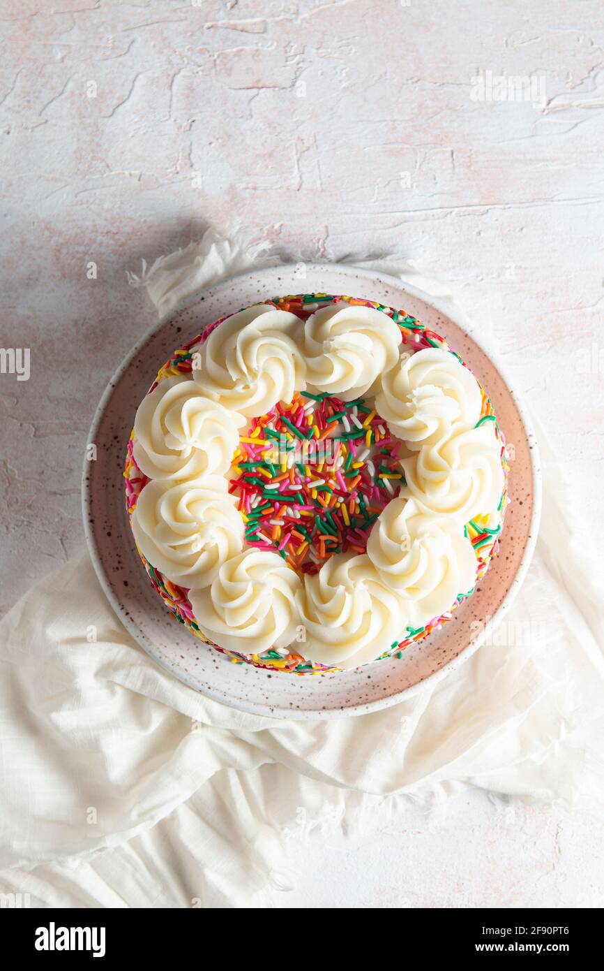 Cospargere la torta con la crema alla vaniglia Foto Stock