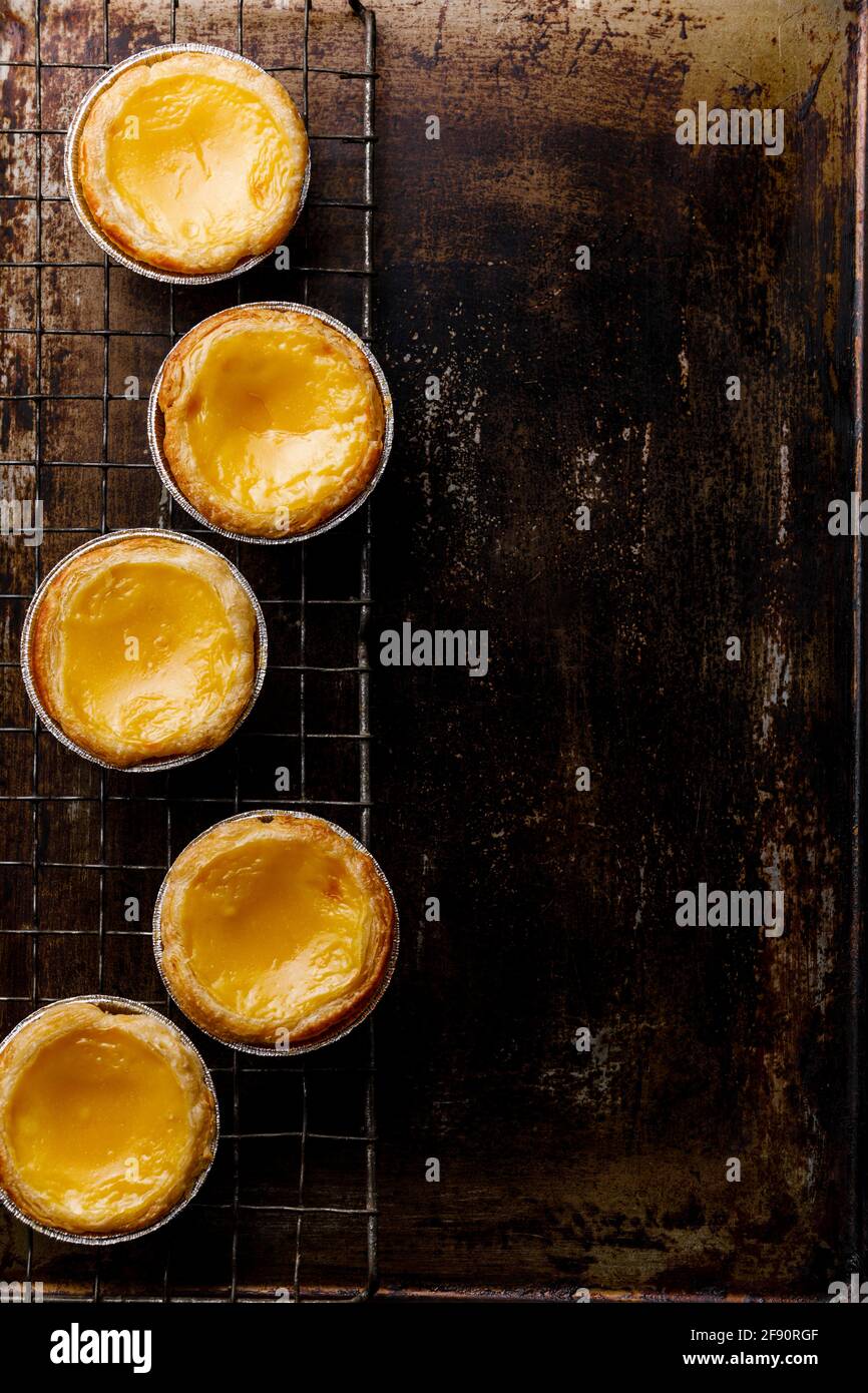Pastel de Nata fresco cotto crema all'uovo portoghese Tart on spazio di copia del rack di raffreddamento Foto Stock