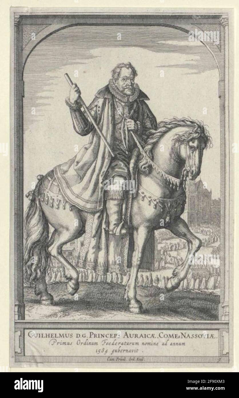 Wilhelm i, principe d'Orange, la figura completa del conte di Nassau a cavallo, metà della destra; Barhaupt, con un boccaglio e breve; in hip-Harning, con mantello, cucina, polsini Krußen; Bowded; le redini a sinistra, commandostab a destra, il nobel ha favorito il cavallo con la sella pad; sullo sfondo il suo cadavere davanti alla nuova chiesa di Delft; cornice rettangolare, a forma di arco all'interno degli angoli superiori, a bordo con il latino. Legenda. Entrambe le note privilegiate, a destra della scheda. Incisione in rame, senza designazione. Foto Stock