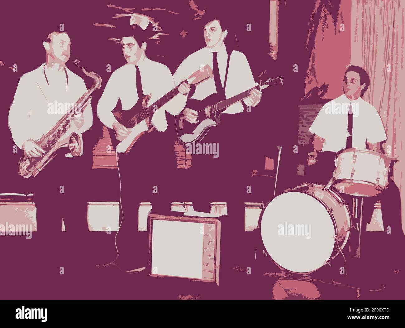 Una fotografia vintage della fine degli anni '50 o dei primi anni '60 di una rock and roll band universitaria che gioca per un promo colorito digitalmente e alterato per effetto artistico. Foto Stock