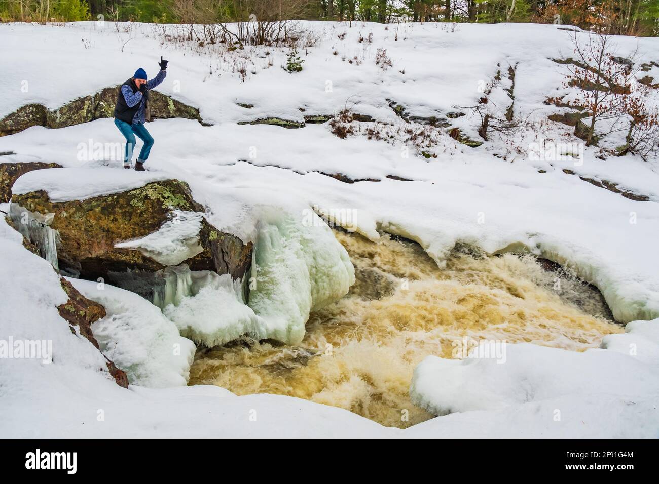 Queen Elizabeth Conservation Area Victoria Falls Black River Washago Ontario Canada in inverno Foto Stock