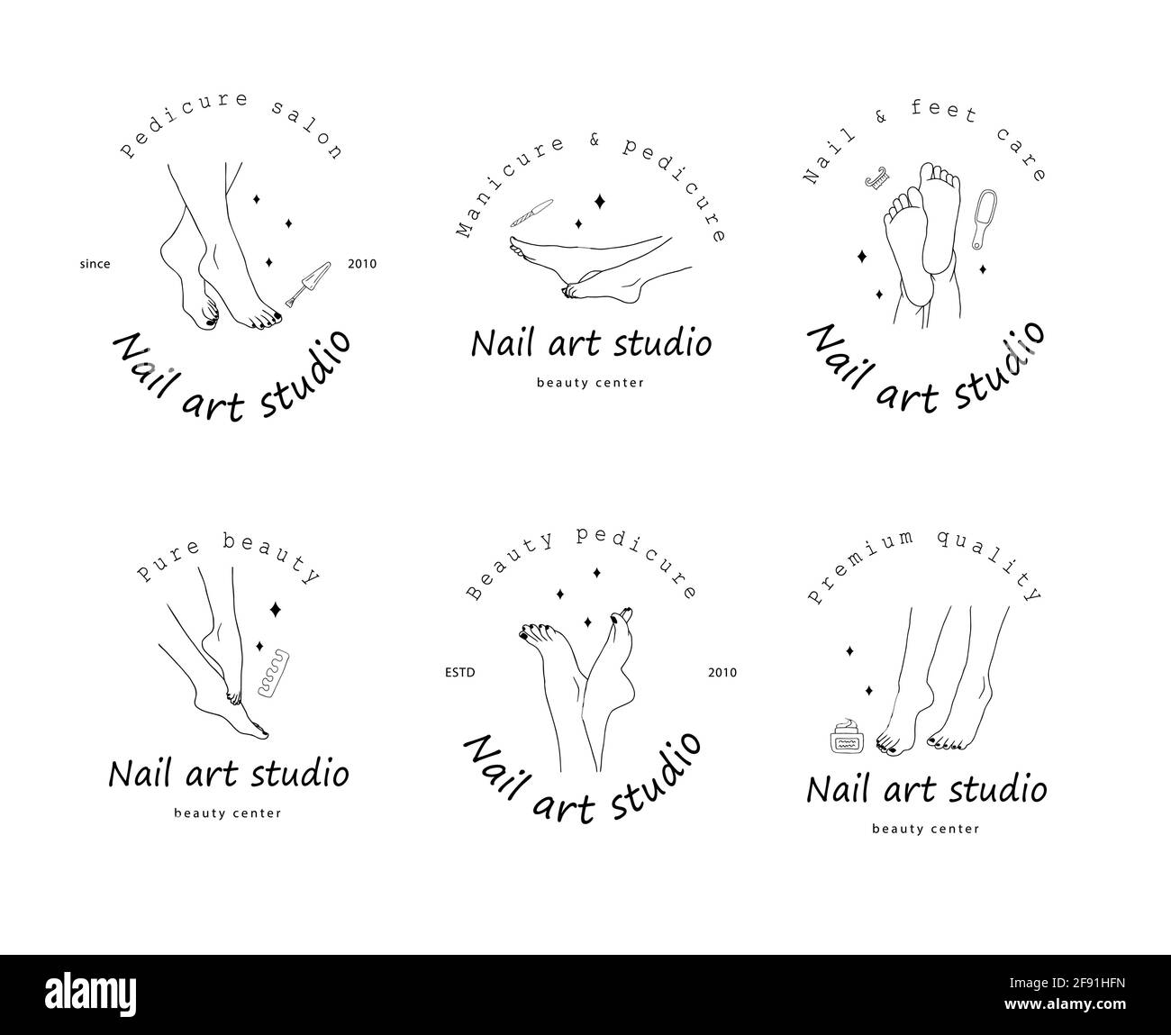 Modello con logo Pedicure Salon. Concetto di cura dei piedi. Design moderno per studio d'arte delle unghie, centro di bellezza e spa. Illustrazione vettoriale lineare in un trendy Illustrazione Vettoriale