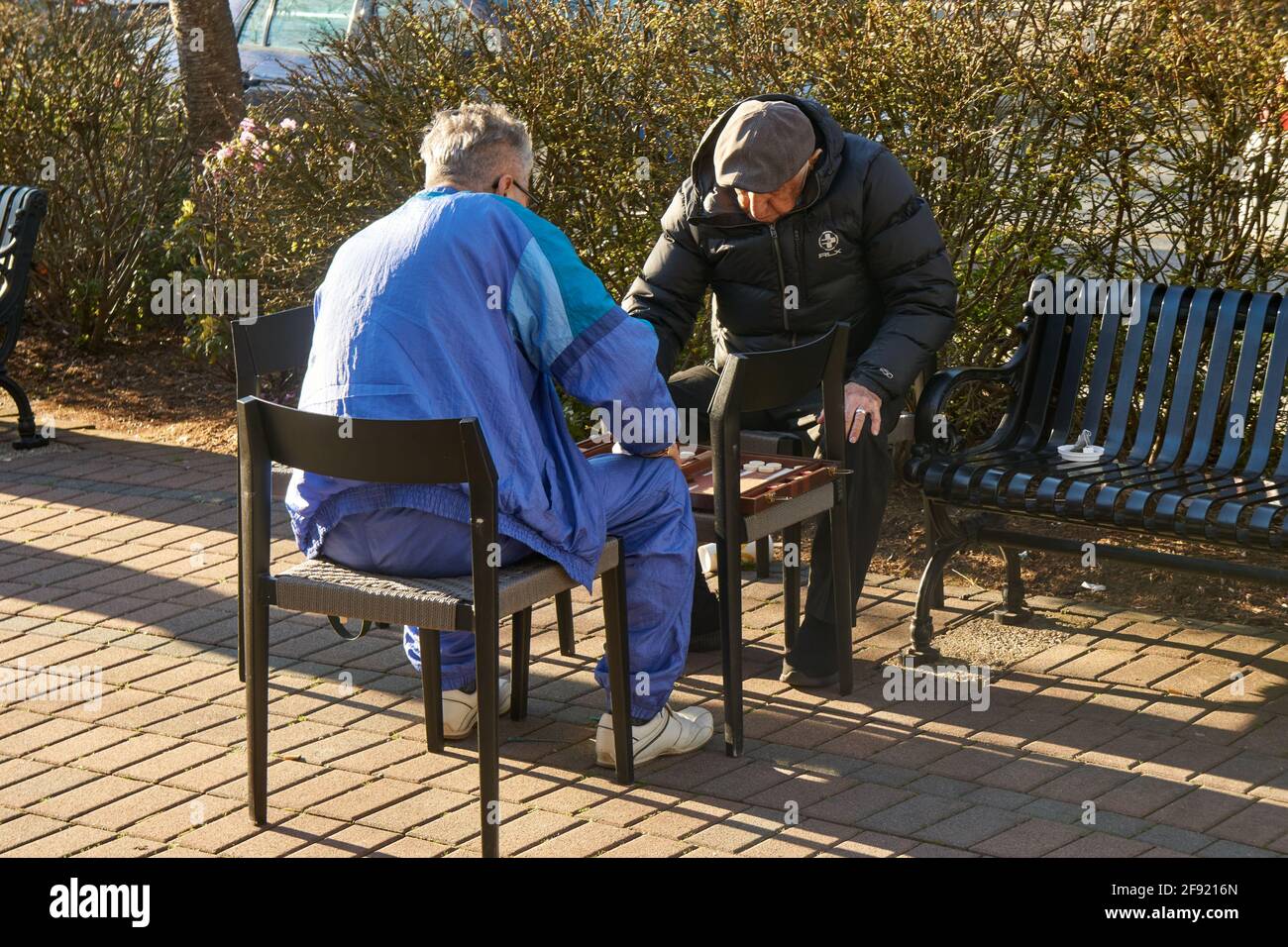 Due uomini che giocano una partita di backgammon all'aperto a West Vancouver, British Columbia, Canada Foto Stock