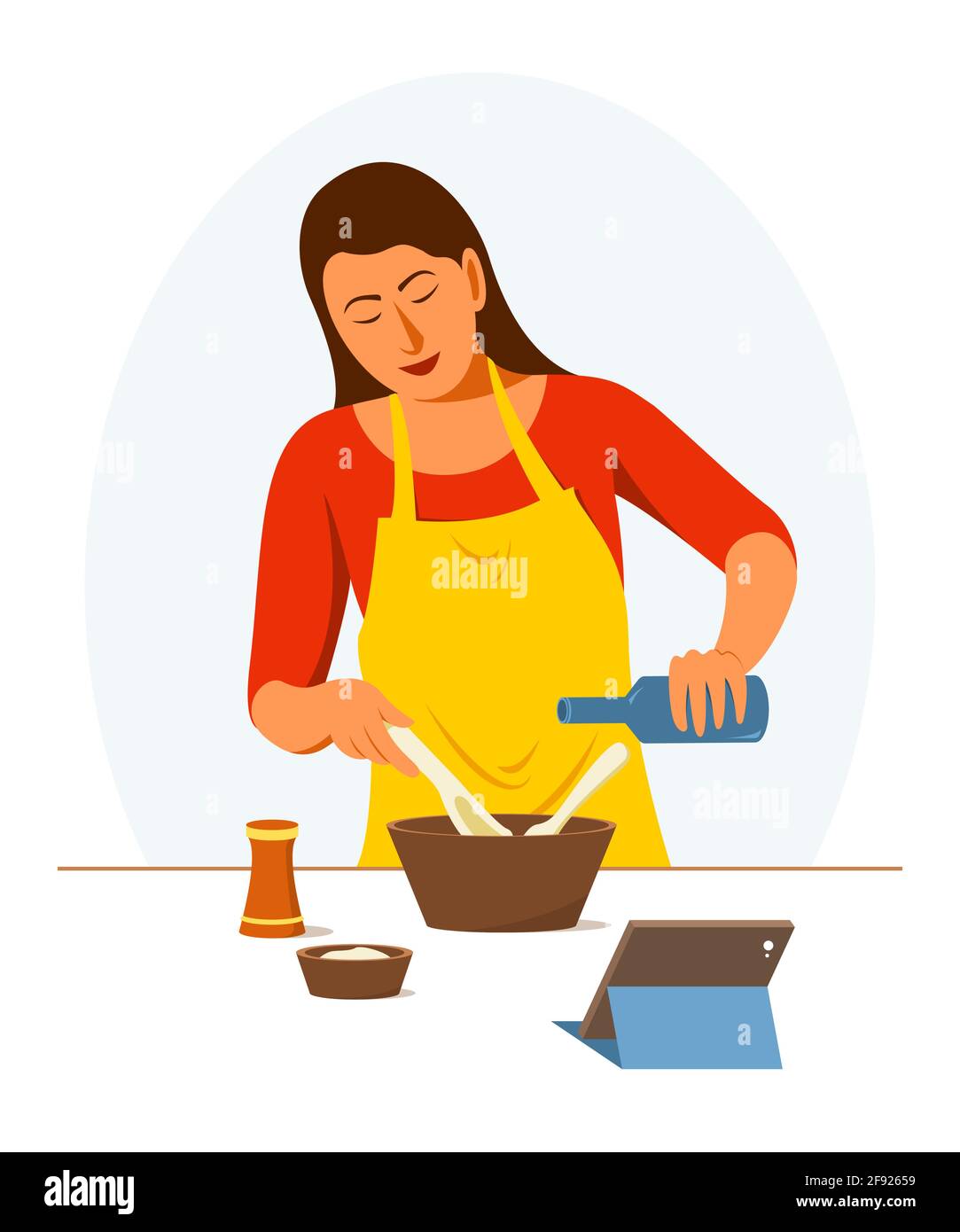 La donna sta imparando la cucina in linea da lei stessa a casa. Illustrazione Vettoriale