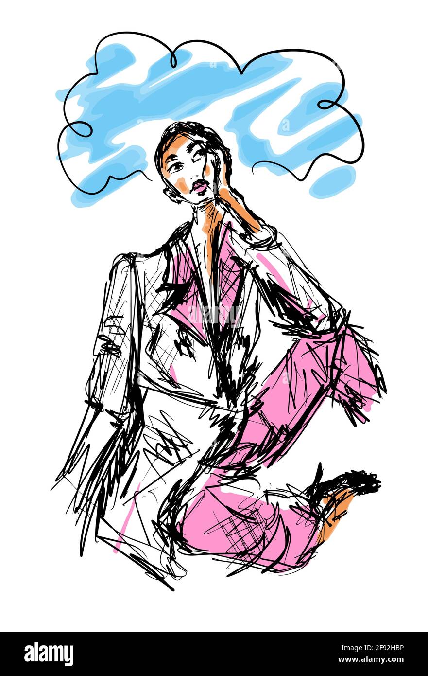 Schizzo ritratto disegnato a mano di un burnout al lavoro donna cercando in su sognare la vacanza con il vettore di bolla di parlato eps10 illustrazione isolata su whit Illustrazione Vettoriale