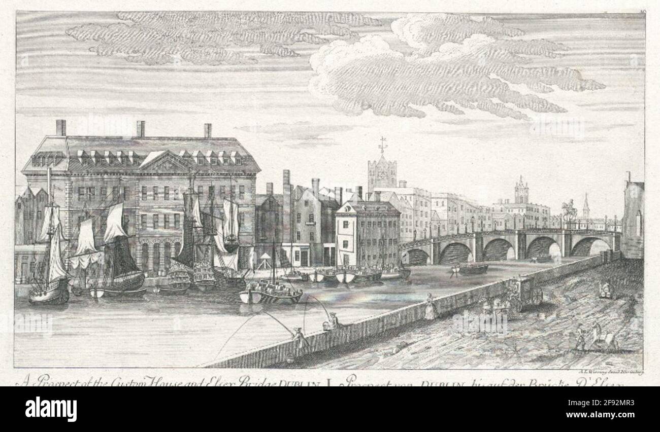 Un prospetto della Custom House, e Essex Bridge, Dublino. Prospettiva da Dublino, fino al ponte d'Essex. Foto Stock