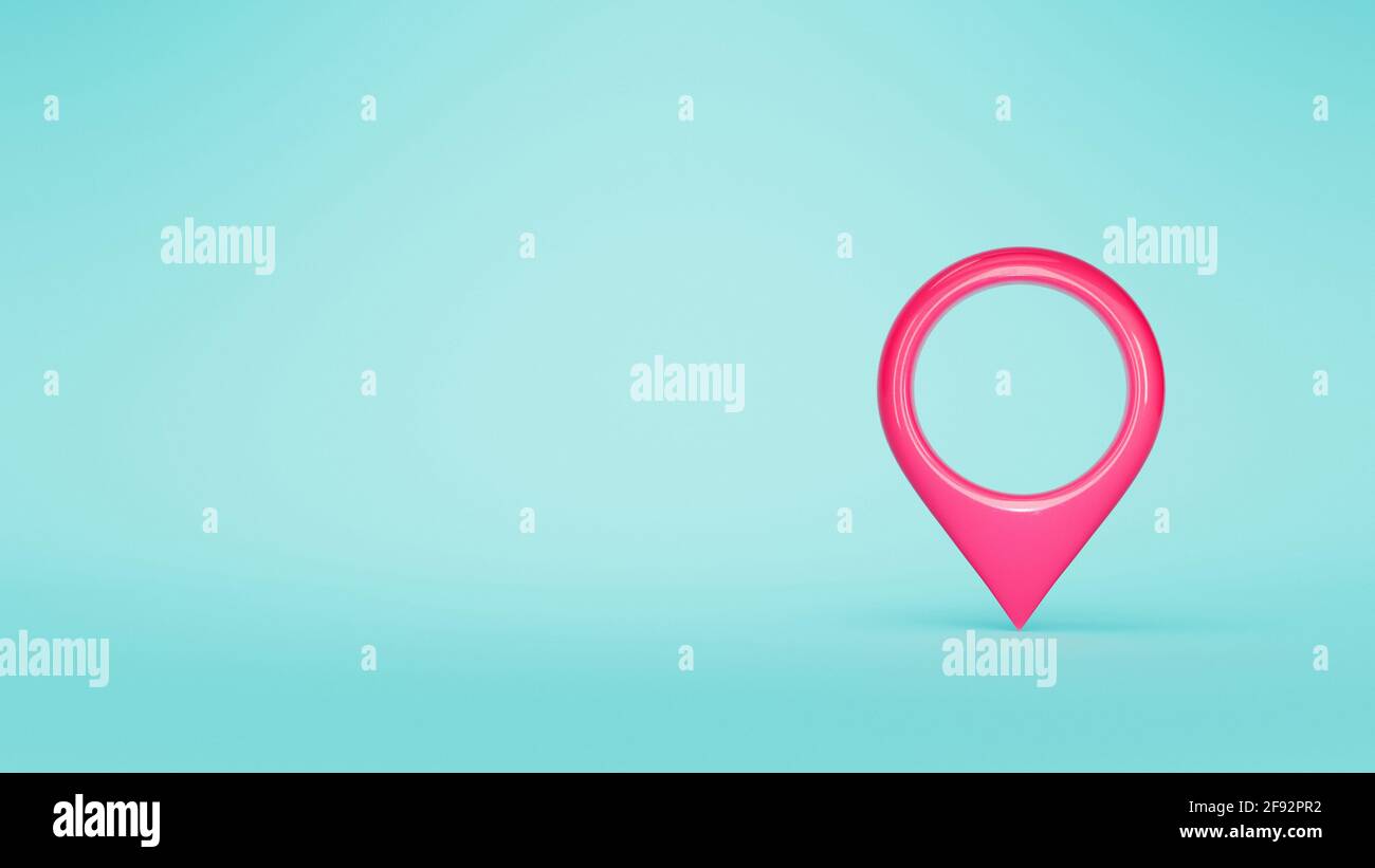 3 d simbolo di posizione rosso. Icona del puntatore della mappa su sfondo blu. illustrazione 3 d. Foto Stock
