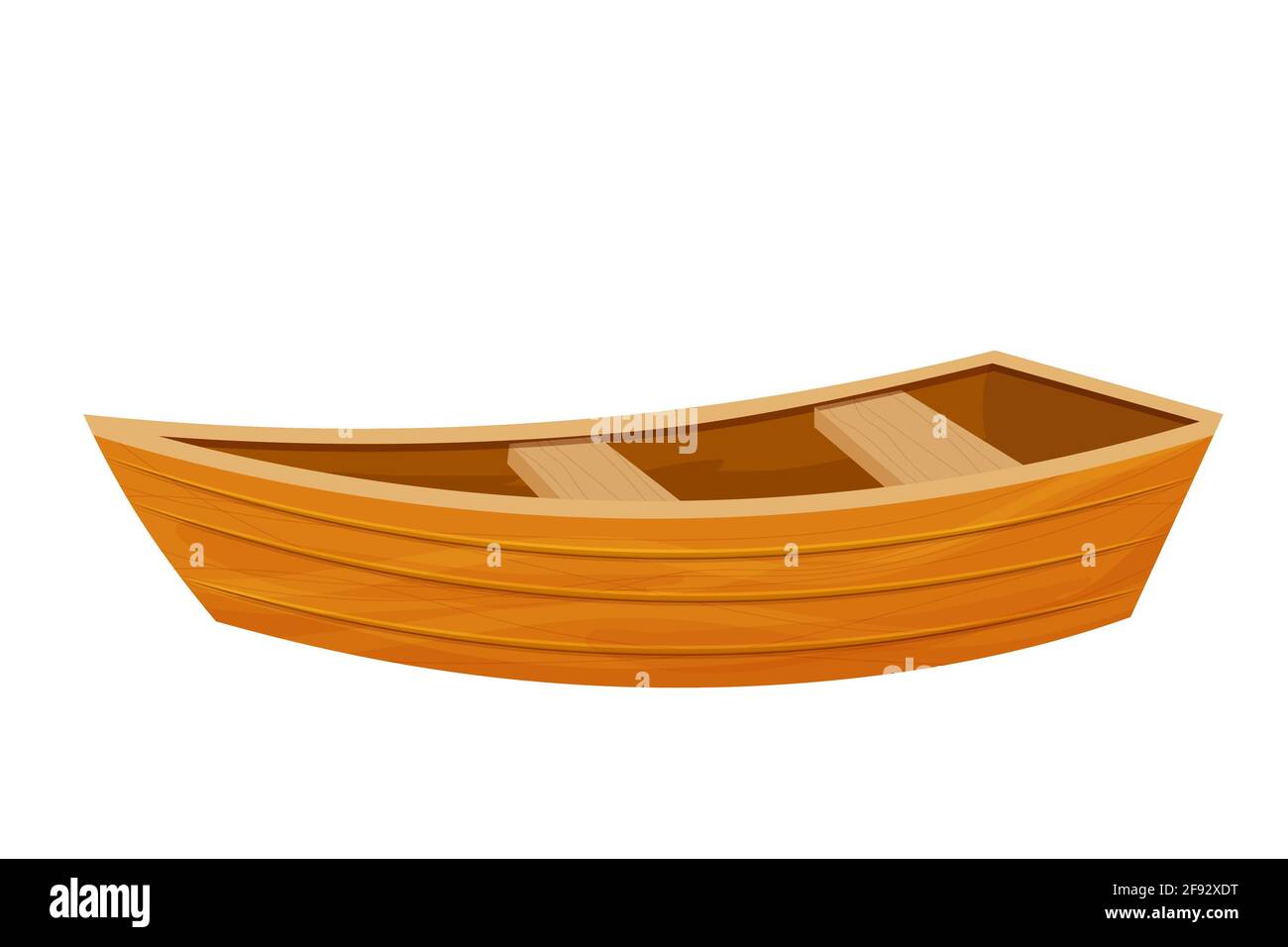 Barca in legno, canoa in stile piano cartone animato isolato su sfondo bianco. Attrezzatura da pesca per lago o mare. Retrò piccolo trasporto. Illustrazione vettoriale Illustrazione Vettoriale
