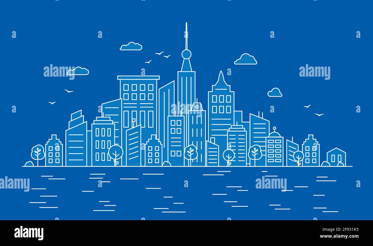 Paesaggio cittadino sottile su sfondo blu. Panorama architettura edifici contorni. Illustrazione di Urban LIFE Vector. Centro città con grattacieli Illustrazione Vettoriale