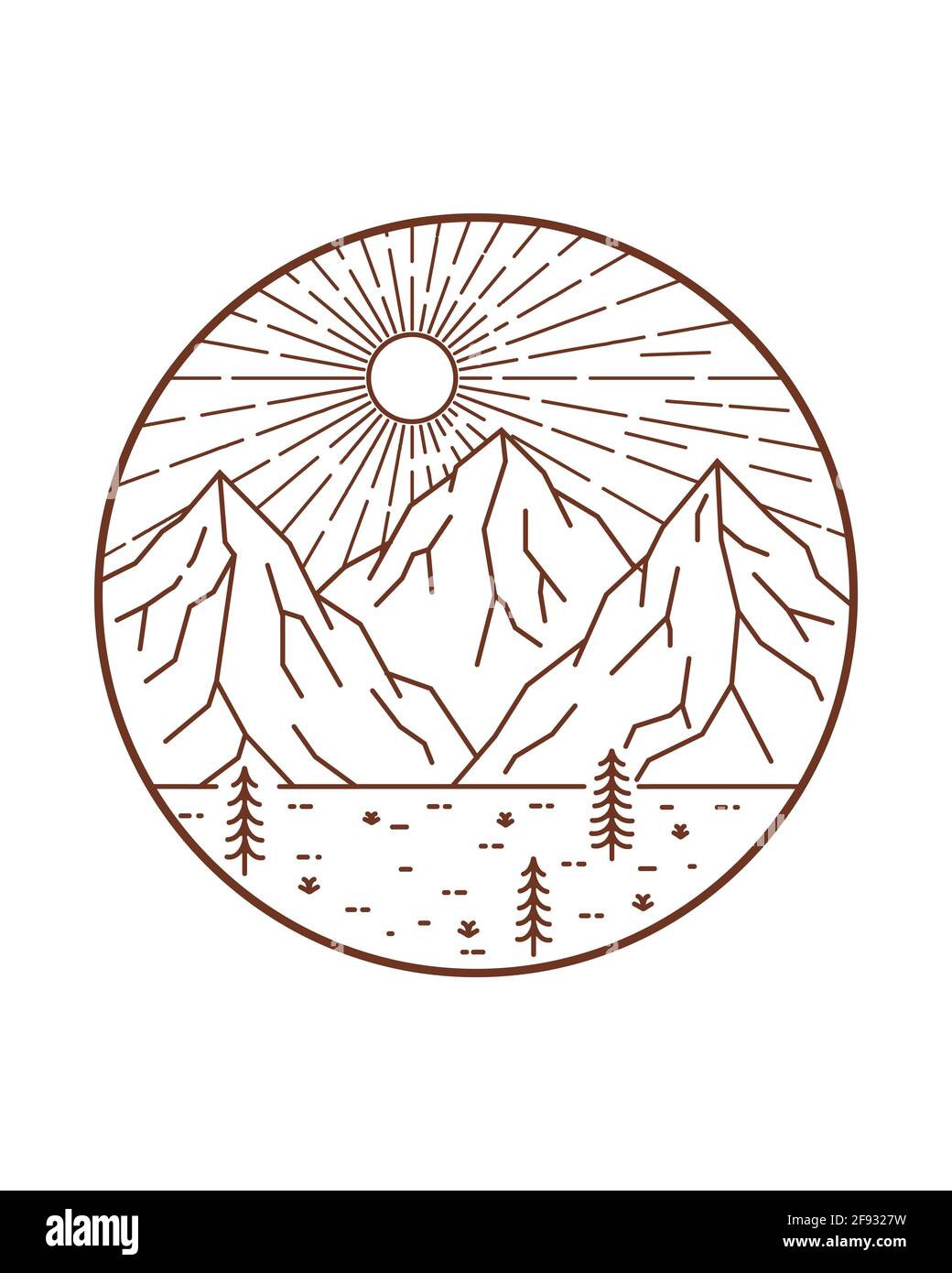 Illustrazione paesaggistica di tre montagne e alberi di pino nel giorno luminoso - monolinea arte, astratto illustrazione vettoriale, T-Shirt arte, disegno vettore Foto Stock