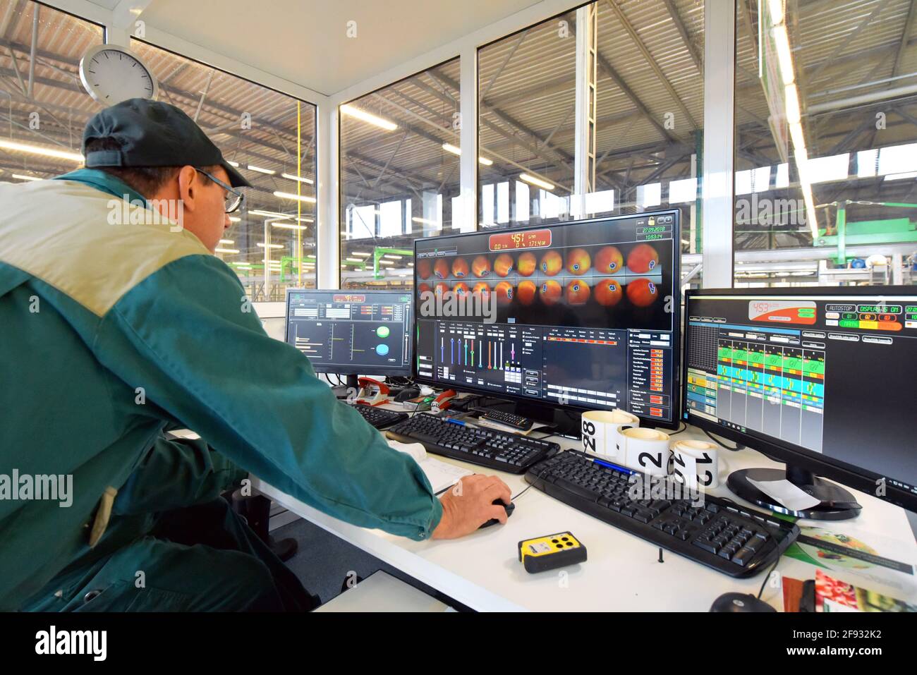 industria alimentare: linea di assemblaggio con mele e lavoratori Foto Stock