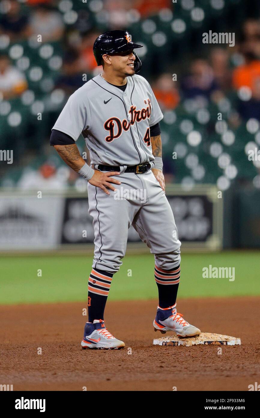 Detroit Tiger Wilson Ramos (40) aspetta in seconda base durante una partita di baseball della MLB, mercoledì 14 aprile 2021, a Houston. I Tigers hanno battuto in finale gli Astros 6-4. (Eddie Kelly/immagine dello sport) Foto Stock