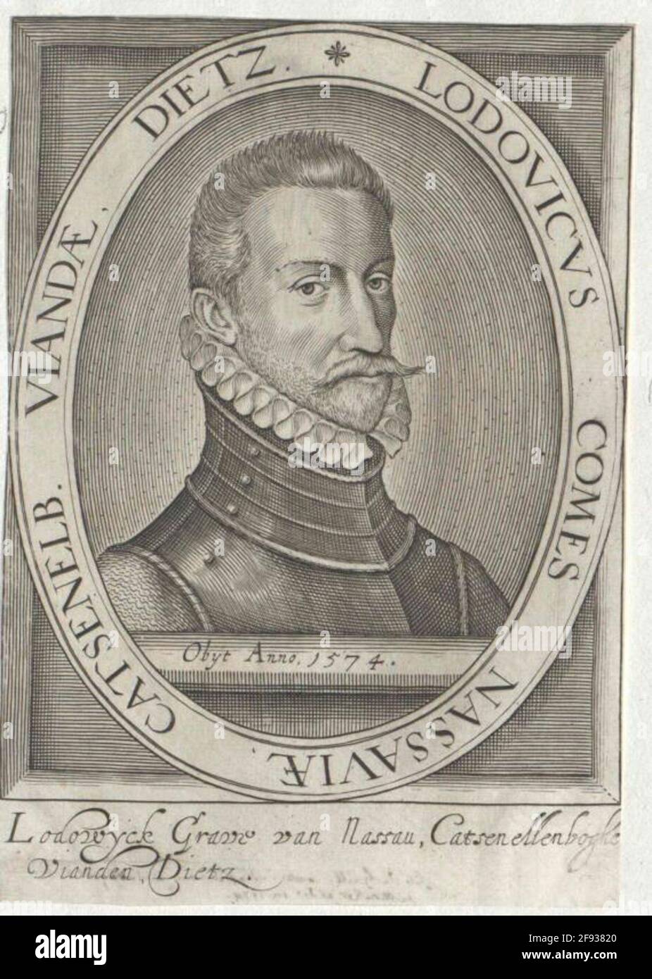 Ludwig, Conte di Nassau-Siegen Fast Chest, 3/4 da destra; BARHAUPT, m. baffi, farciti completamente; in Harnic, Con piccola crimpatura a collo; sul bordo superiore del segmento inferiore Latin a forma di sommità. Numero di morte con l'anno; in cornice ovale con lat. Taster, su una lavorazione rettangolare, prevalentemente a tratteggio, della stessa misura; sotto la presentazione di due linee olandesi. Legenda. Incisione in rame, senza terminazione [attribuito Nicolaes de Clercreck]. Foto Stock