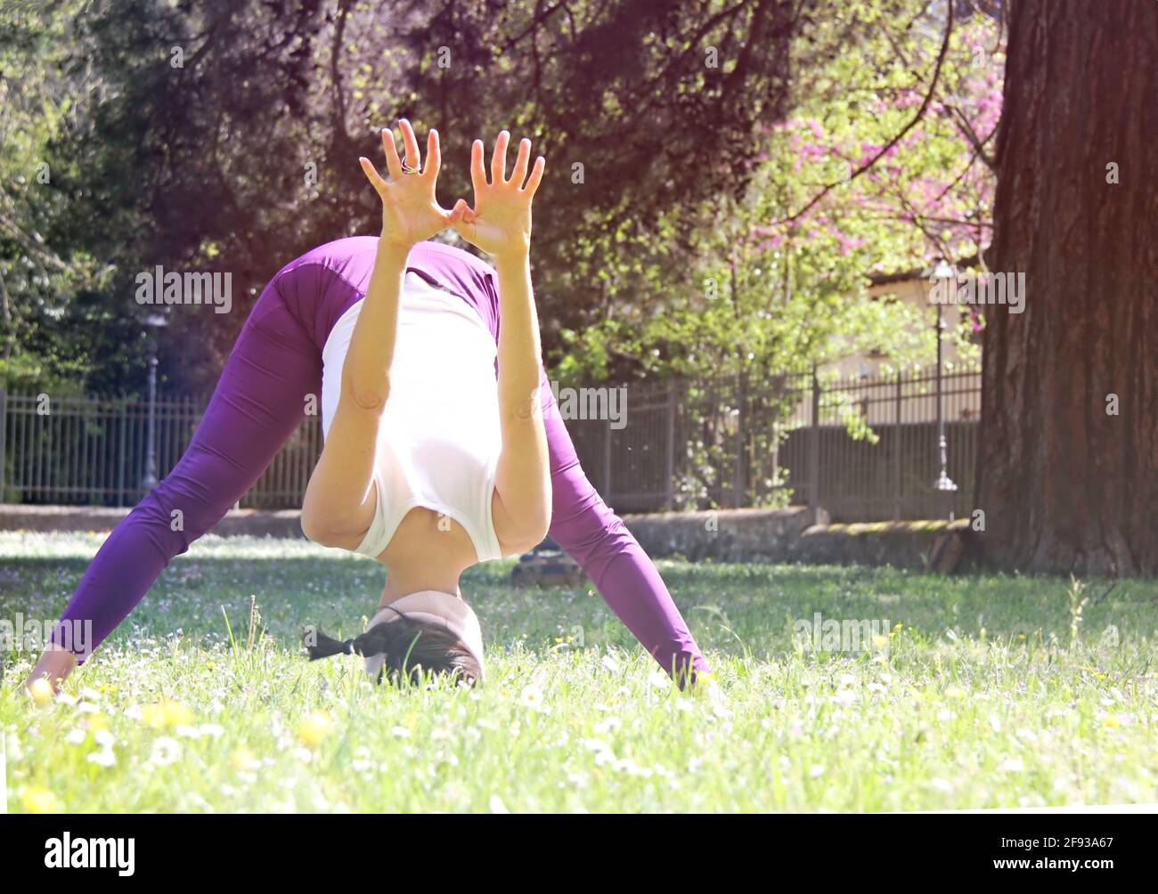 Donna professionista che pratica all'aperto in un parco, durante una posizione di testa in piedi. Foto Stock