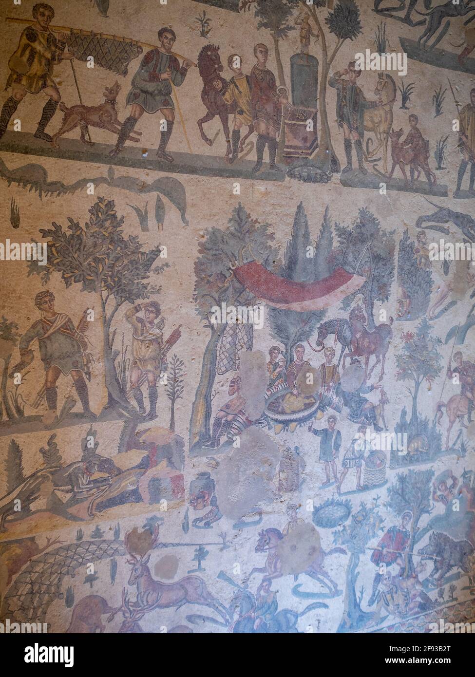 Mosaico della Sala della piccola Caccia, Villa Romana del Casale Foto Stock