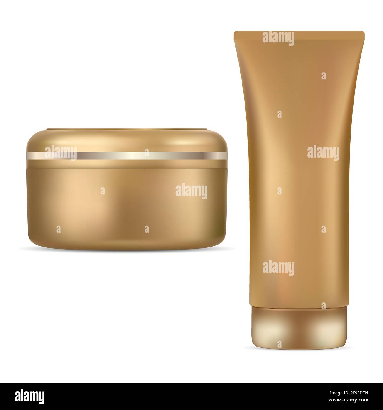 Vaso cosmetico crema tubo oro confezione mockup. Contenitore in plastica di lusso vuoto, tubo a pressione con chiusura a fiamma, set di confezionamento realistico. Oro metallo crema j Illustrazione Vettoriale