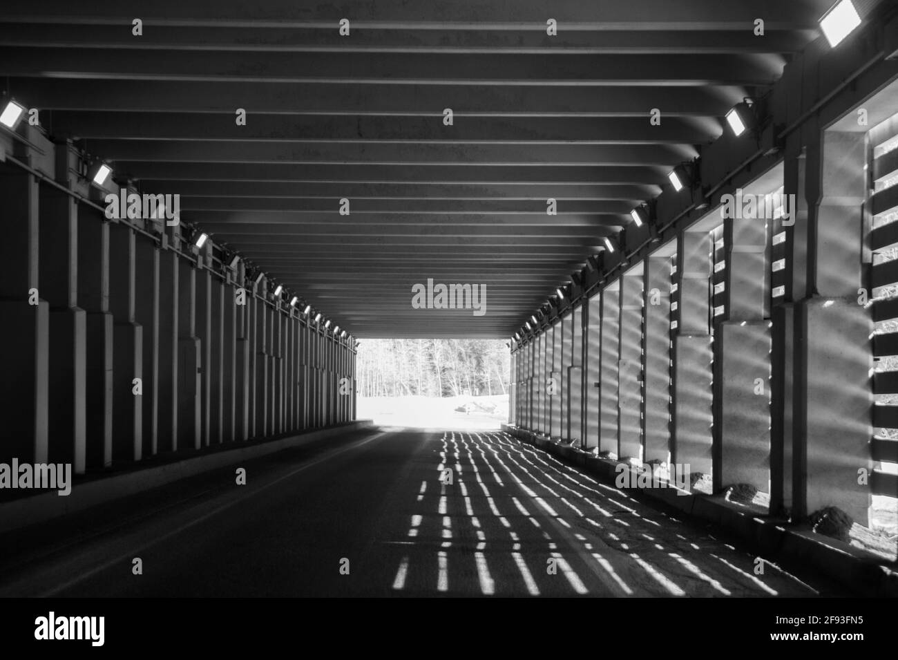 All'interno di una capanna di valanghe illuminata sul Trans Canada L'autostrada nella British Columbia ha sparato mentre guidando attraverso il tunnel per catturare le ombre e la luce Foto Stock