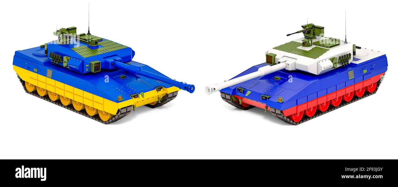 Scontri di guerra tra Ucraina e Russia, concetto. Rendering 3D isolato su sfondo bianco Foto Stock