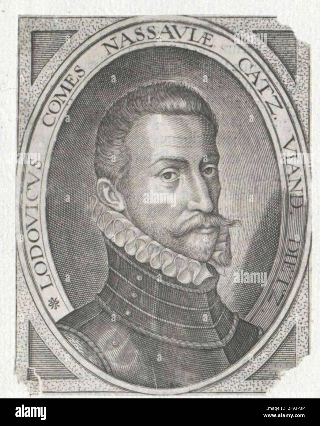 Ludwig, Conte di Nassau-Siegen Fast Chest, 3/4 da destra; BARHAUPT, m. baffi, farciti completamente; in Harnic, Con piccolo collo a crimpare; in cornice ovale con latino. Trasporto, scomposto dal ritratto, in frammentazione rettangolare con angoli tratteggiati. Incisione in rame, senza designazione. Danneggiato in corrispondenza di tre angoli. Foto Stock