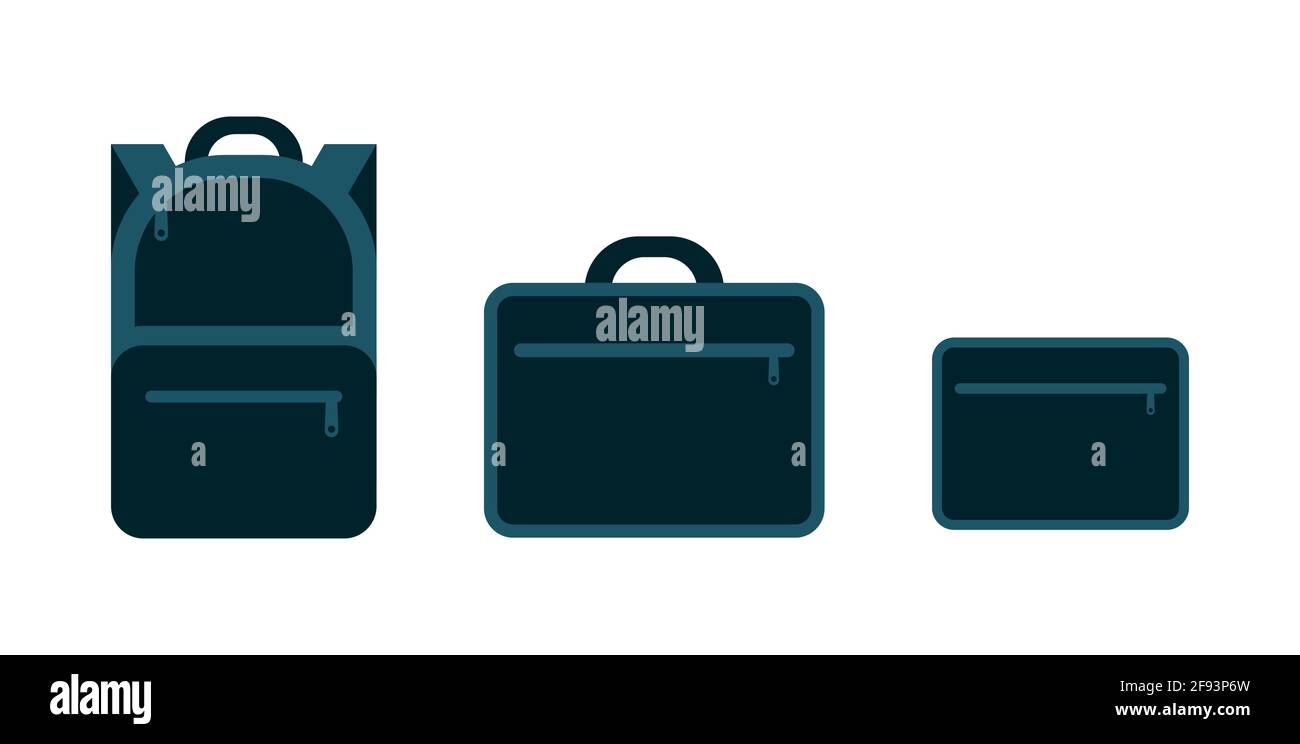 Zaino, borsa e custodia per tablet per laptop. Set di tre borse di protezione blu alla moda. Borse di trasporto sicure per dispositivi elettronici. Illustrazione vettoriale Illustrazione Vettoriale