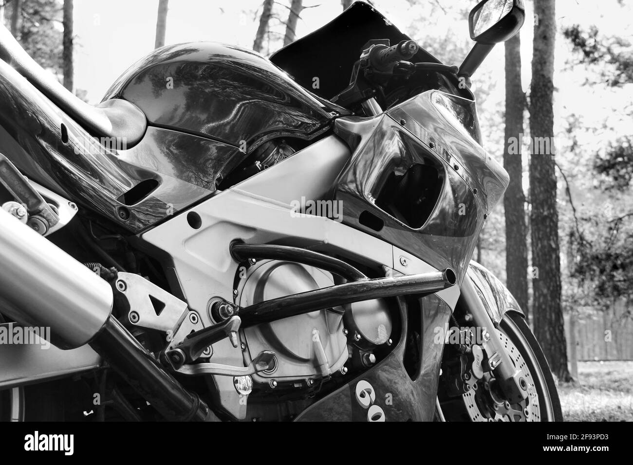 7 aprile 2020 - Chernihiv, Ucraina: Moto nella foresta. Kawasaki bici sportiva nella foresta. Foto in bianco e nero Foto Stock