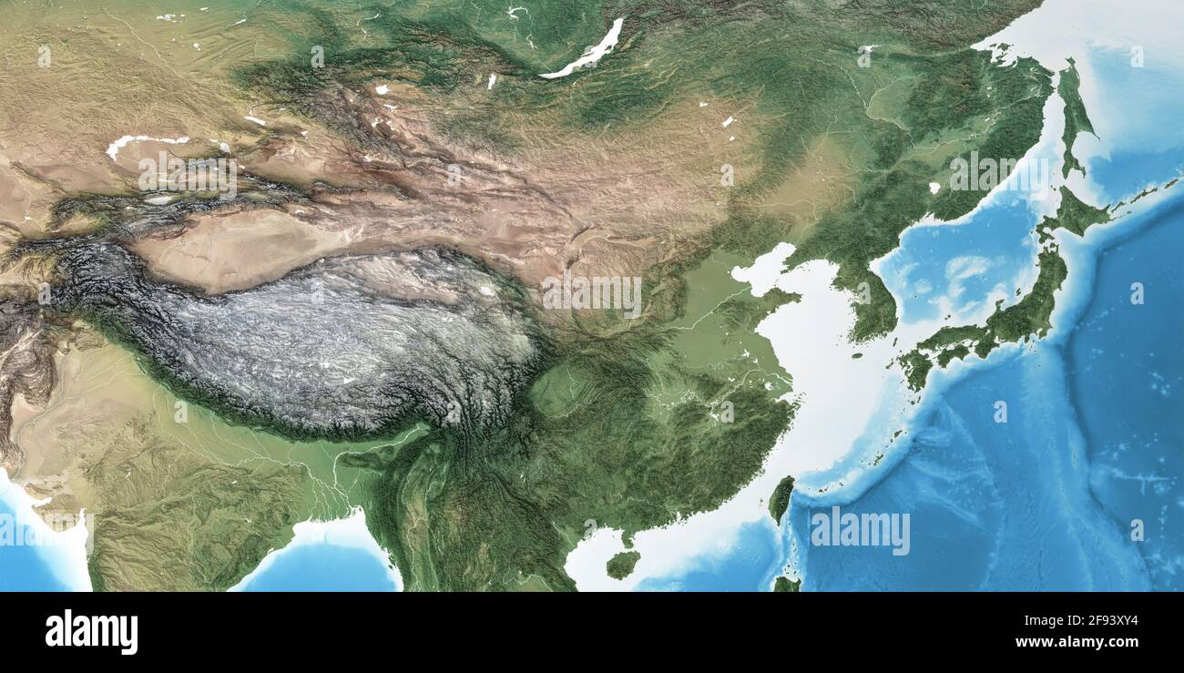 Mappa fisica dell'Asia orientale, Cina, con dettagli ad alta risoluzione. Vista dal satellite appiattita del pianeta Terra - elementi forniti dalla NASA Foto Stock
