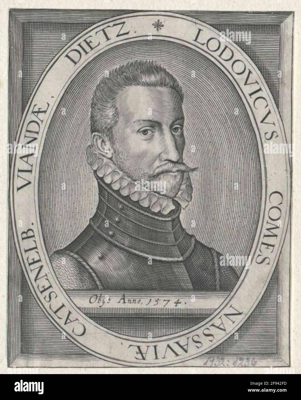 Ludwig, Conte di Nassau-Siegen Fast Chest, 3/4 da destra; BARHAUPT, m. baffi, farciti completamente; in Harnic, Con piccola crimpatura a collo; sul bordo superiore del segmento inferiore Latin a forma di sommità. Numero di morte con l'anno; in cornice ovale con lat. Taster, su una lavorazione rettangolare, prevalentemente a tratteggio, della stessa misura; sotto la presentazione di due linee olandesi. Legenda. Incisione in rame, senza terminazione [attribuito Nicolaes de Clercreck]. Foto Stock