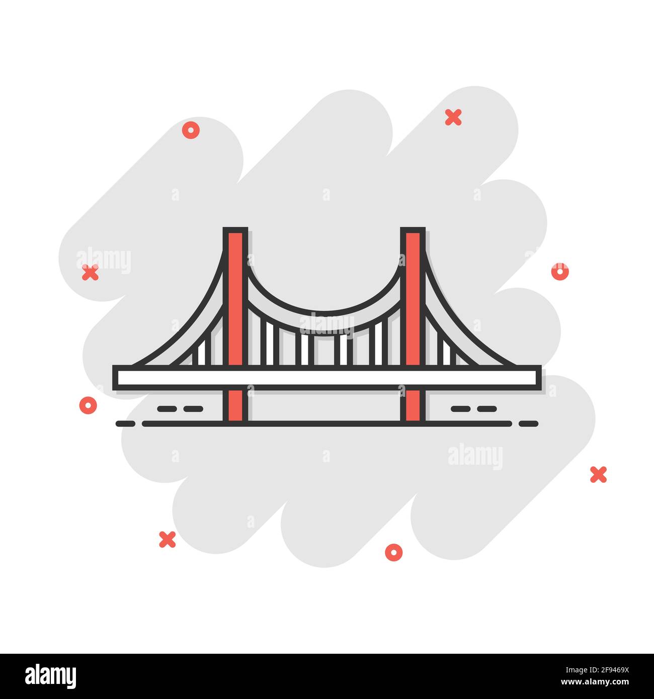 Ponte icona segno in stile fumetto. Vettore di ponte levatoio cartoon illustrazione in bianco sullo sfondo isolato. Road business concetto effetto splash. Illustrazione Vettoriale