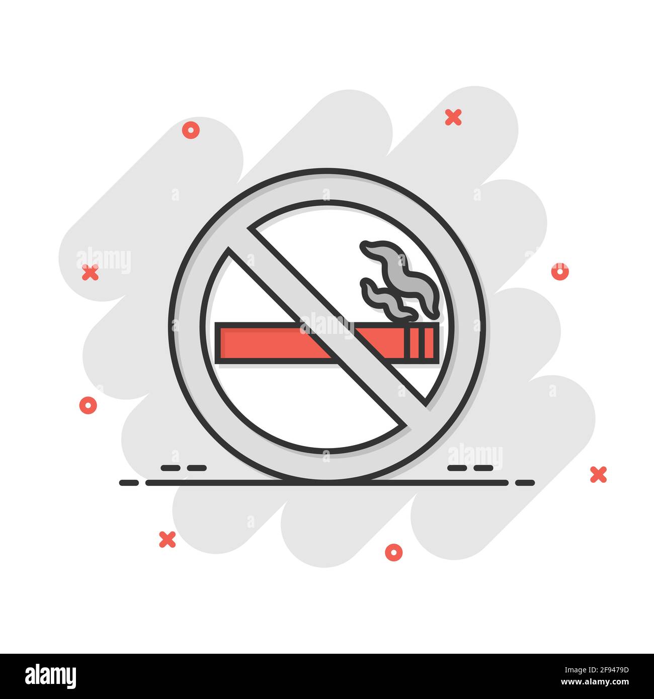 Icona di un cartello per non fumare in stile comico. Illustrazione vettoriale dei fumetti di sigaretta su sfondo bianco isolato. Nicotina splash effetto concetto di business. Illustrazione Vettoriale