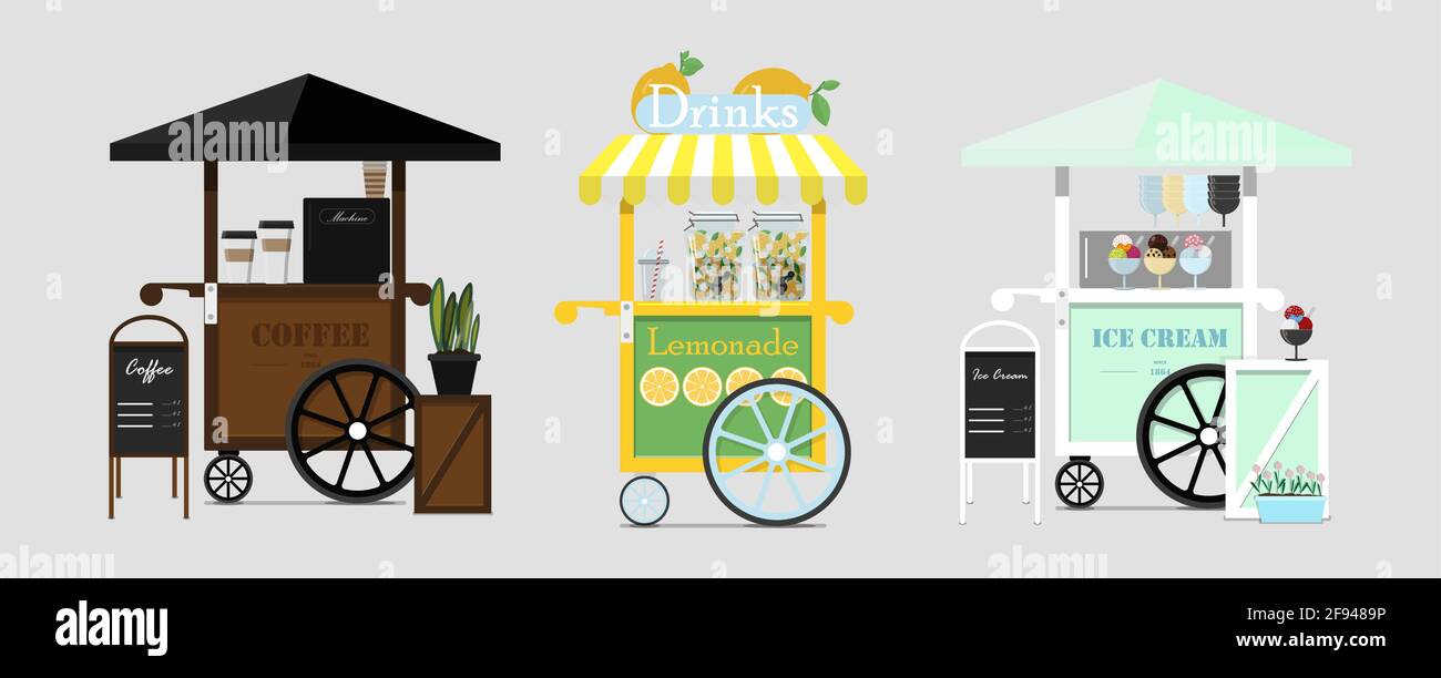 Set di caffè vettoriale, gelati e cart di limonata. Immagine vettoriale piatta di un fast food di strada. Punto vendita gelato, cappuccino, latte Illustrazione Vettoriale