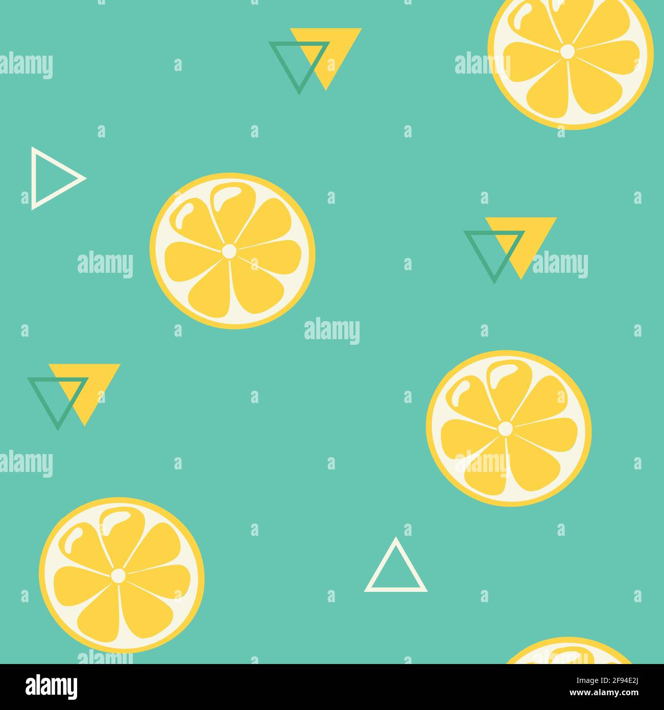 Fette di frutta fresca gialle ornamento vista dall'alto con elementi geometrici su sfondo turchese. Scorze di agrumi ripetute. Illustrazione vettoriale di stile piatto Illustrazione Vettoriale
