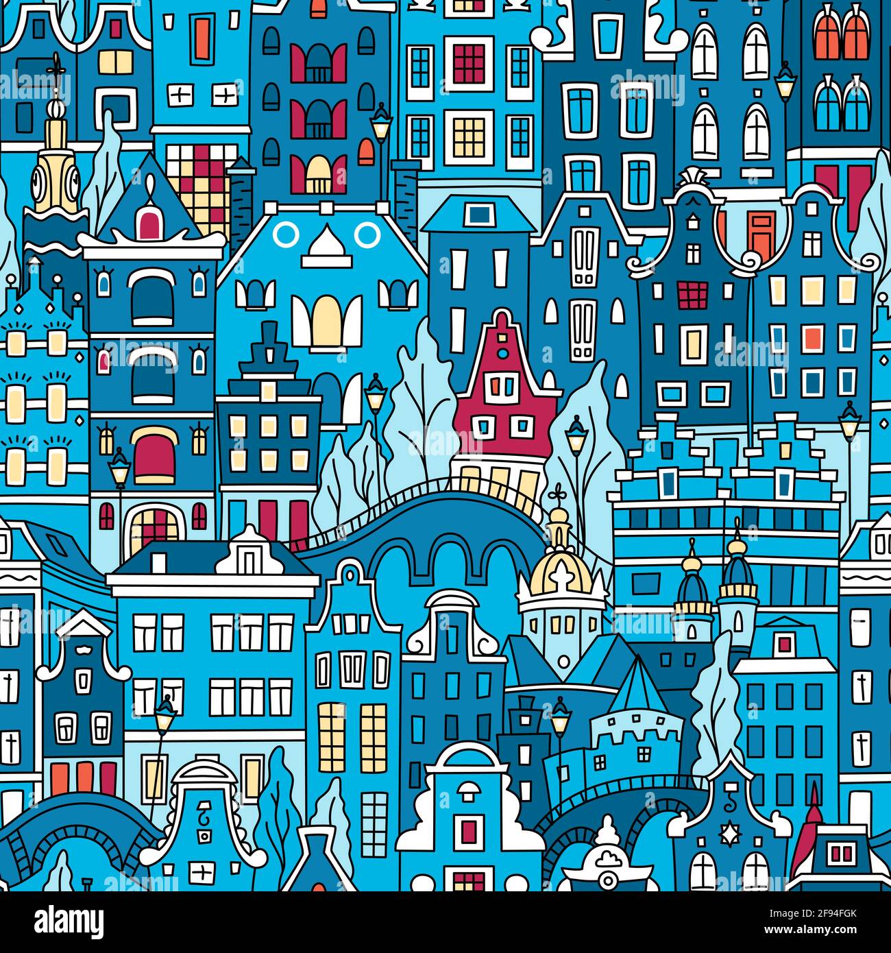 Modello senza cuciture con il canale di Amsterdam e le tipiche case olandesi, Olanda, Paesi Bassi. Illustrazione Vettoriale