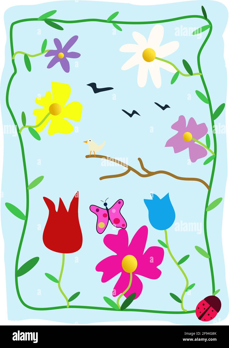 Ciao primavera stagione immagine con fiori e insetto Foto Stock