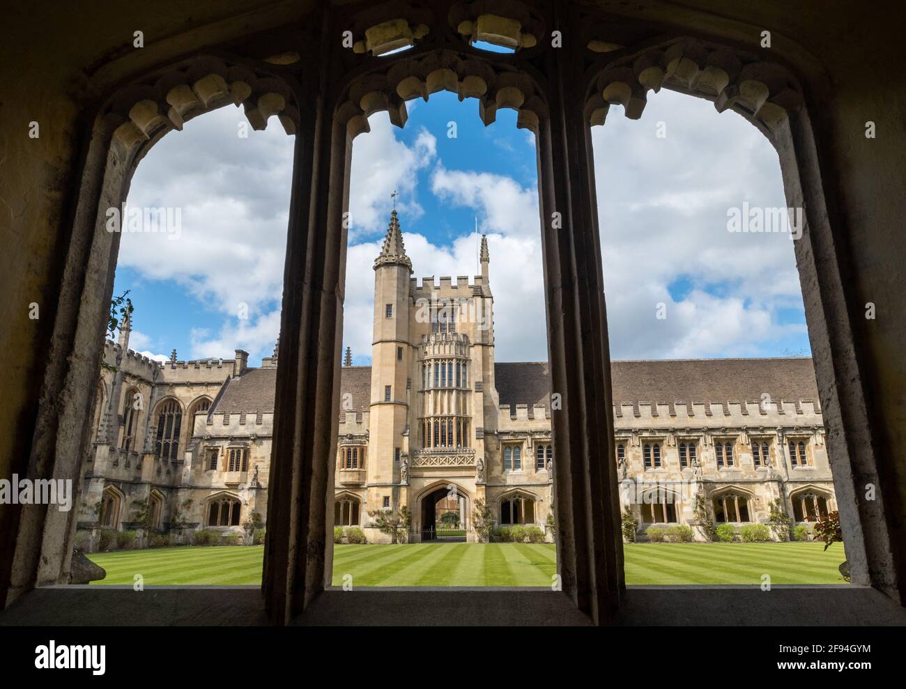 Ammira le finestre gotiche ad arco presso lo storico chiostro, noto anche come il Grande Quad, presso il Magdalen College, Università di Oxford. REGNO UNITO. Foto Stock