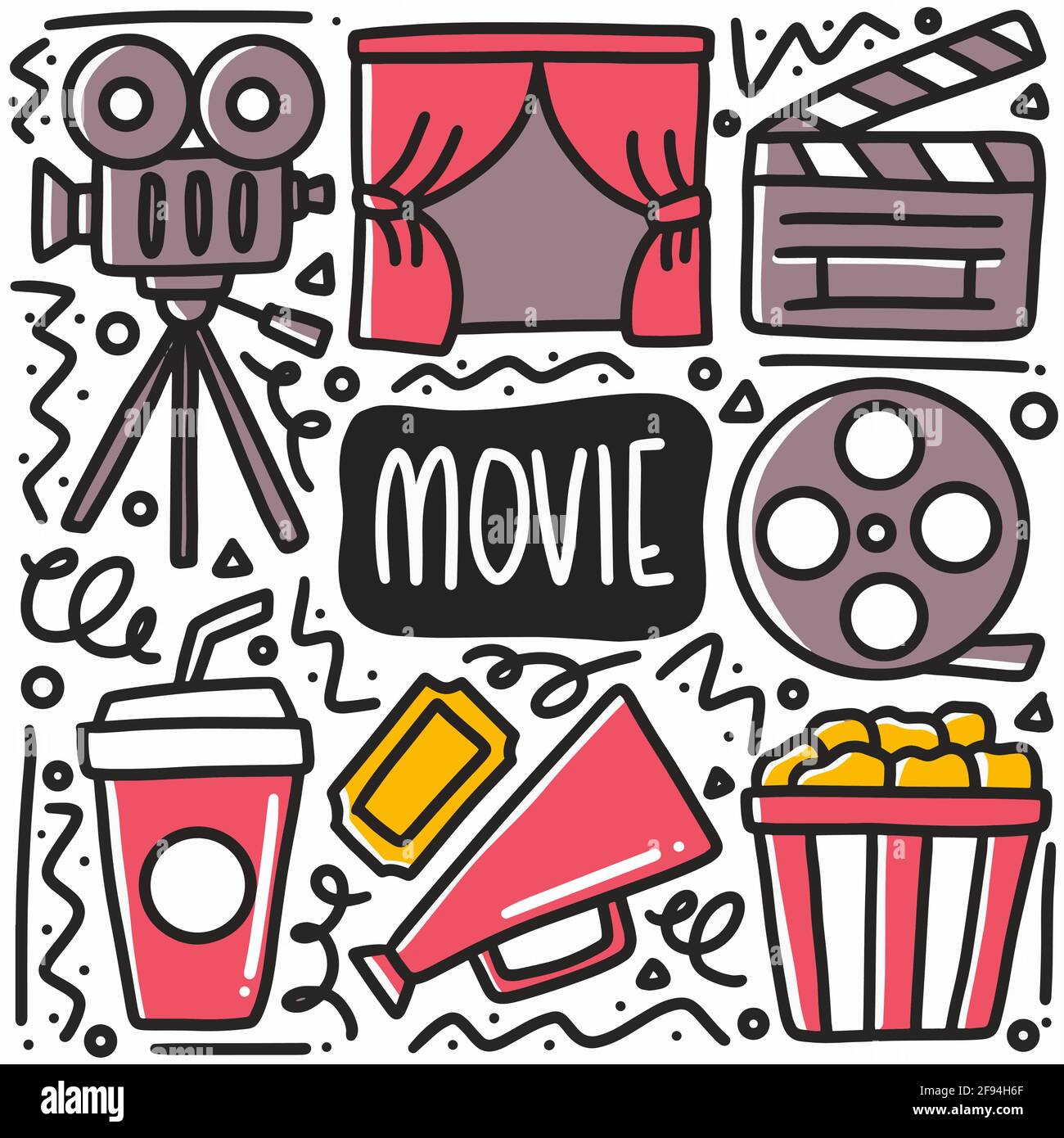 set doodle datazione film disegnato a mano Illustrazione Vettoriale