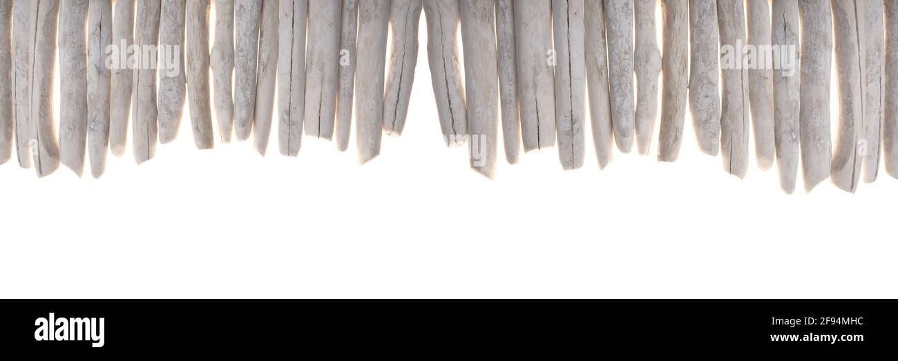 Striscione Driftwood. Fila di serpenti grigi di mare isolati su sfondo bianco. Sfondo natura. Arredamento in stile nautico. Mare Foto Stock