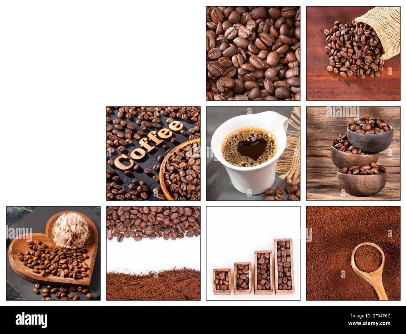 Collage creativo di immagini di chicchi di caffè - Coffea Foto Stock