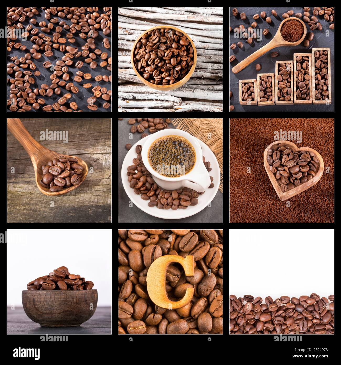 Coffea - collage creativo di immagini di chicchi di caffè Foto Stock