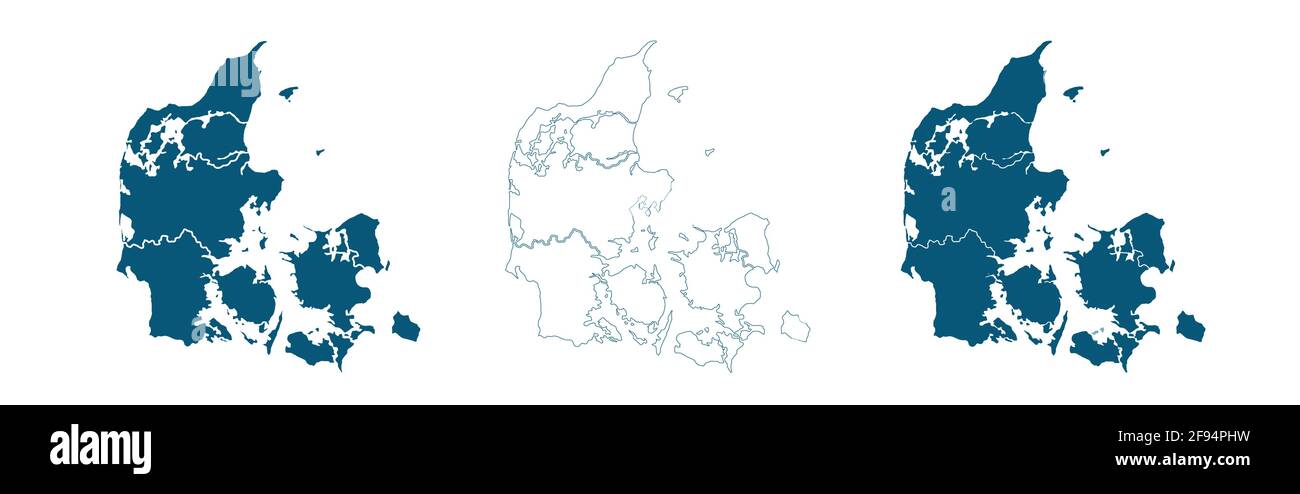 Mappa blu della danimarca, mappa blu della Danimarca. Dettaglio, proiezione Mercatore, mappa Danimarca Illustrazione Vettoriale