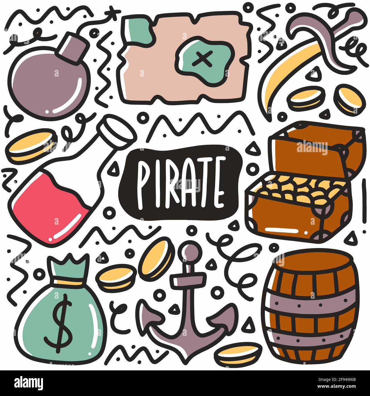 set di doodle pirati disegnati a mano Illustrazione Vettoriale