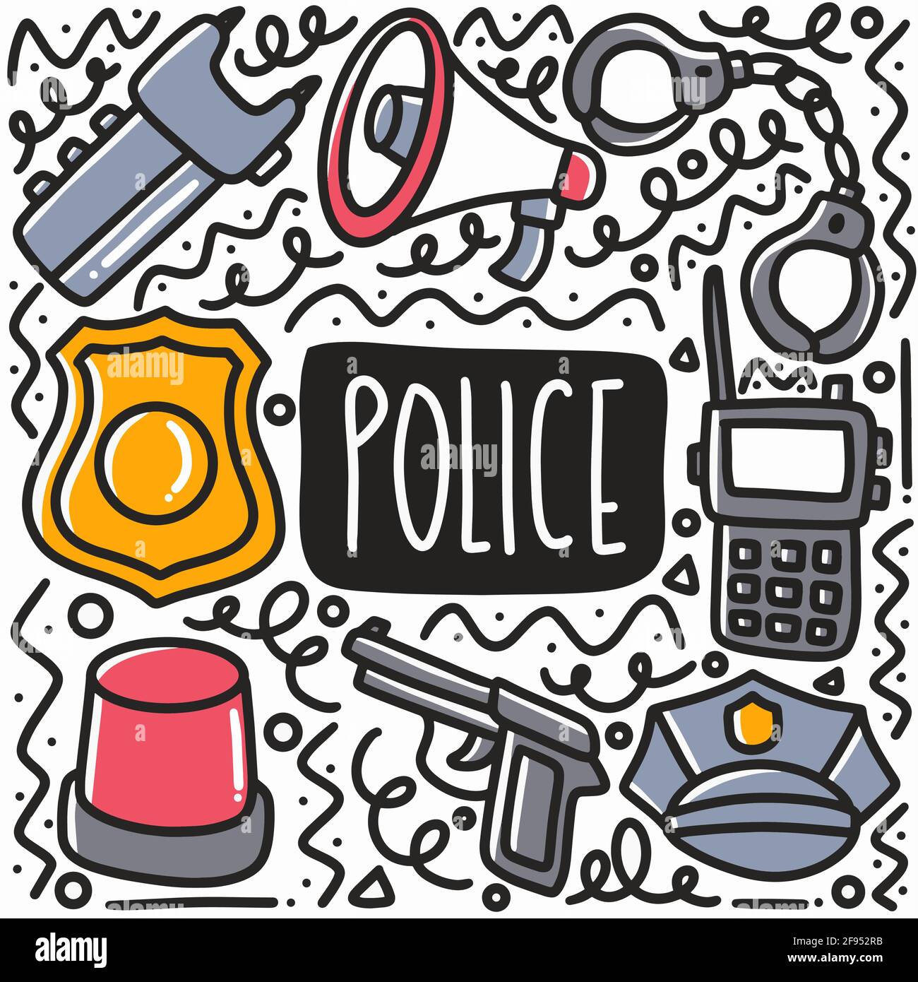 set di doodle di attrezzature di polizia disegnate a mano Illustrazione Vettoriale