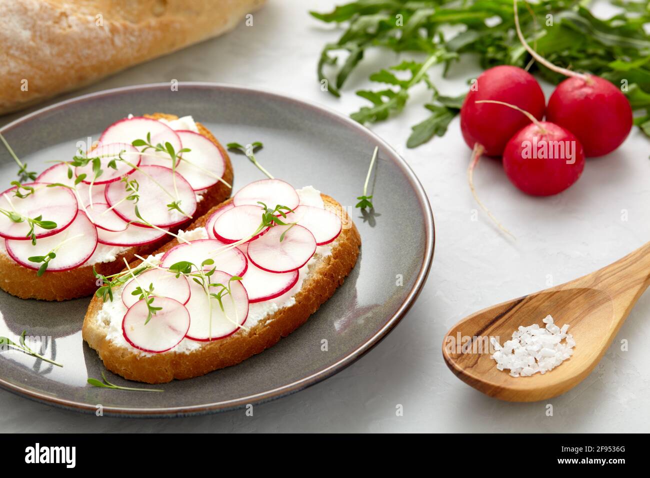 Panini sani e deliziosi con formaggio cremoso e rafano. Cibo vegetariano. Foto Stock