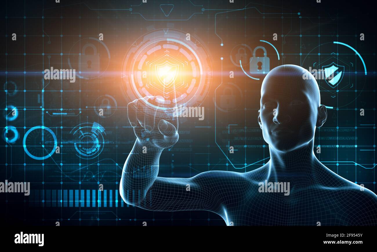 Organismo cibernetico con intelligenza artificiale che lavora con background infografico. La mano di una persona virtuale tocca lo schermo a sfioramento. Informazioni Foto Stock