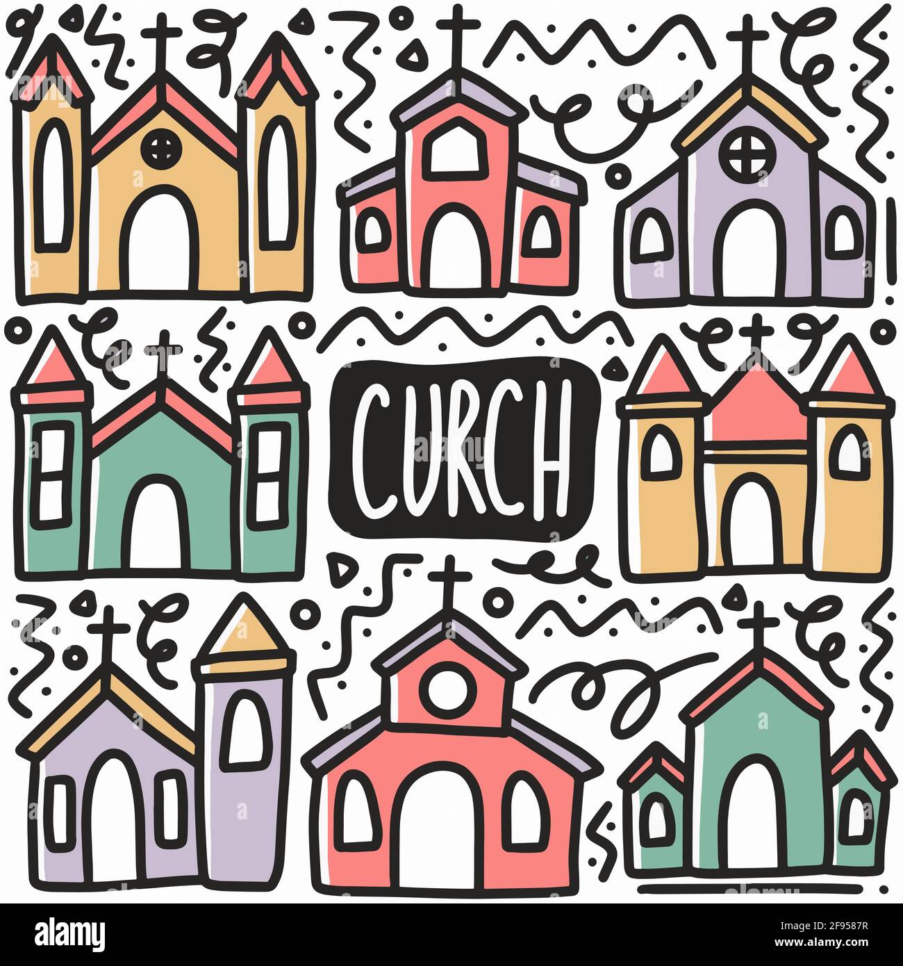 set di doodle chiesa disegnate a mano Illustrazione Vettoriale