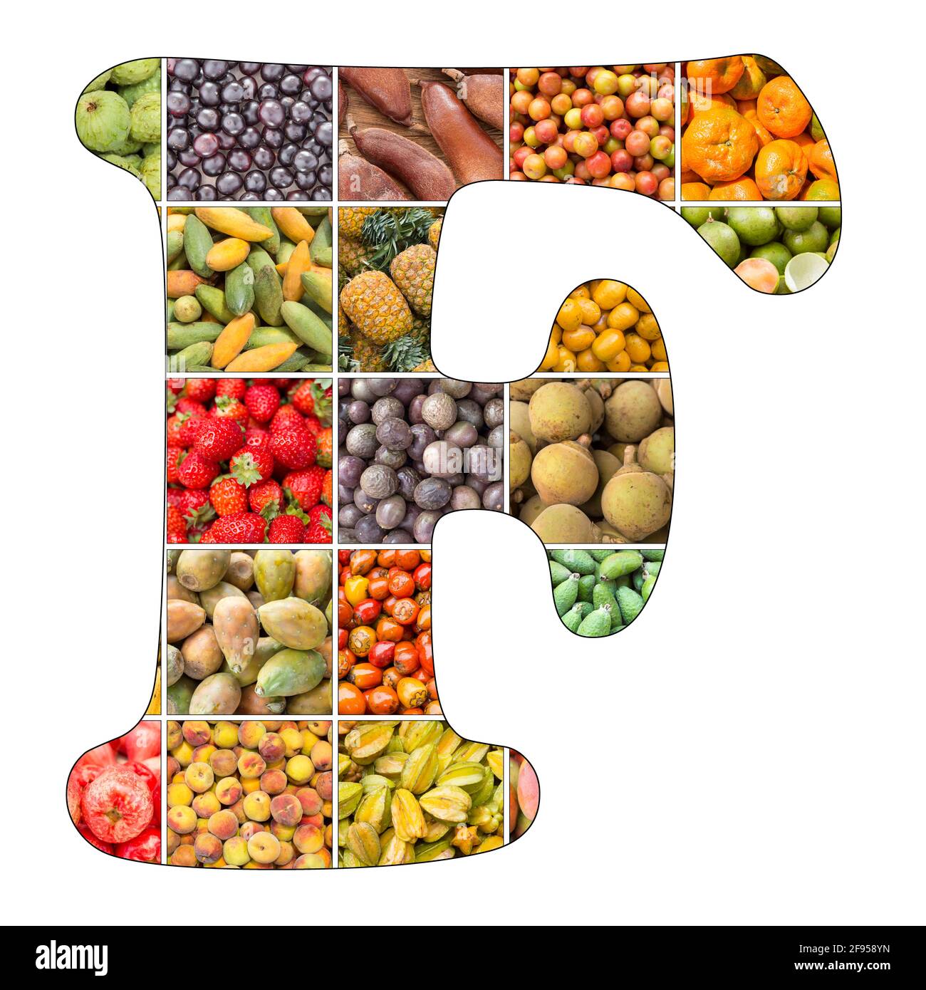 Lettera F dell'alfabeto con fondo di frutta Foto Stock